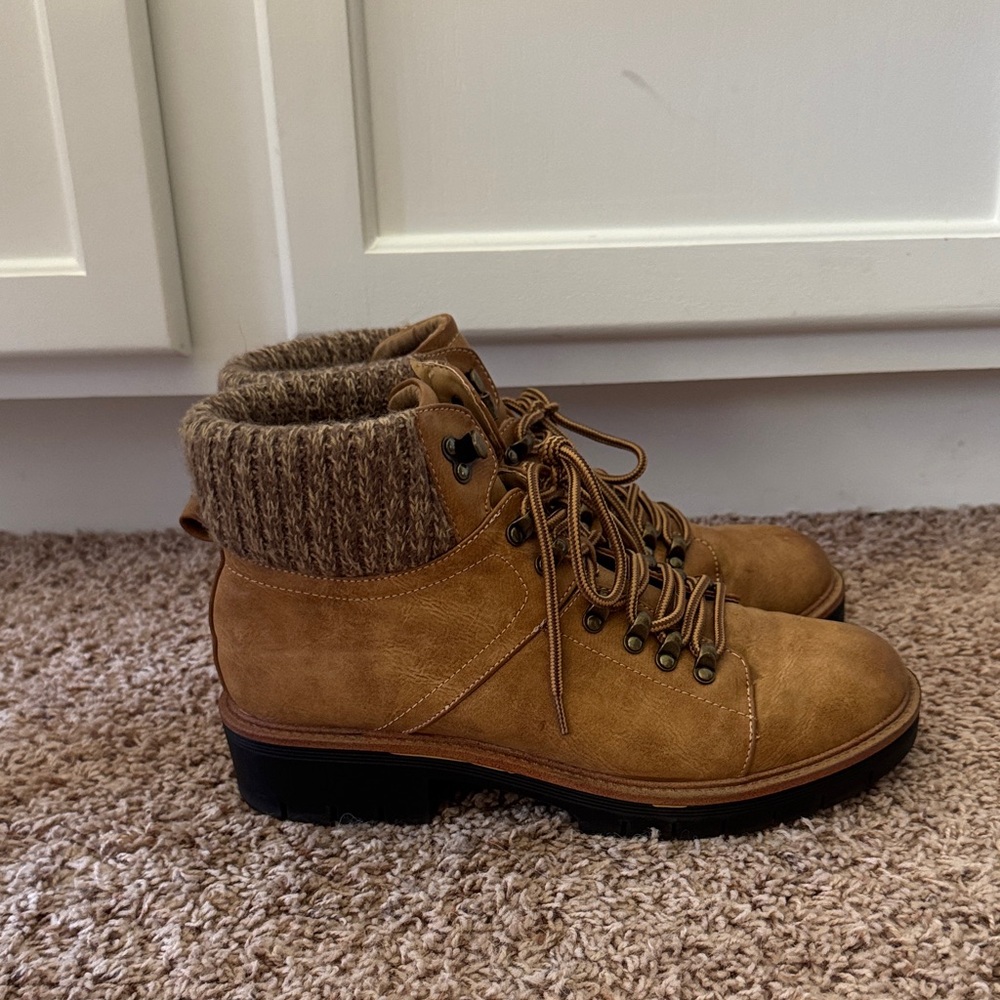 MIA Tan Lace Up Boots with Knit Cuff